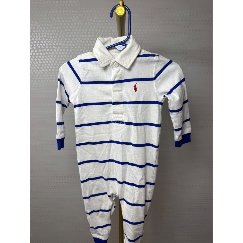 Ralph Lauren Baby Boy White Blue Striped Polo Romper 9M Long Sleeve Cotton